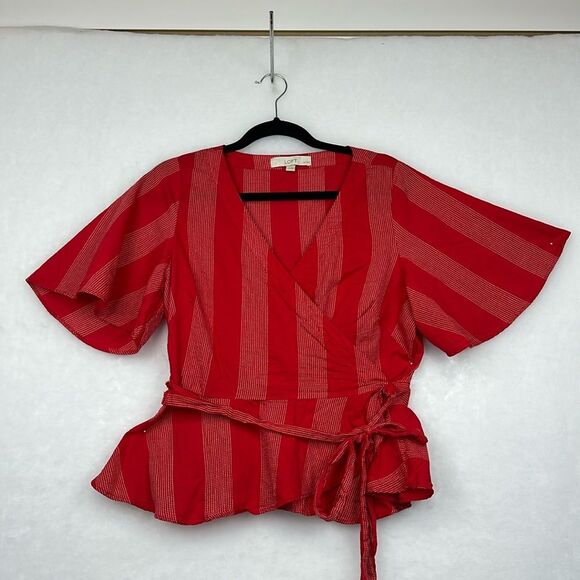 LOFT Petite Red Cotton Striped Wrap Top Sz  LP - Picture 5 of 12